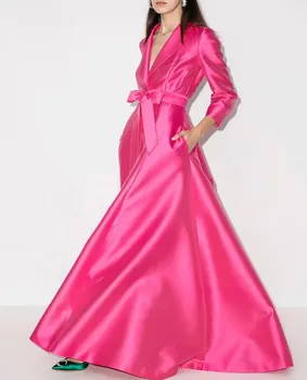 Элегантное Розовое Длинное Вечернее Платье С V-образным вырезом, Рукава 3/4 С Бантом И Поясом, Вечернее платье в стиле знаменитостей, Вечерние Платья Vestidos 2022 Изображение