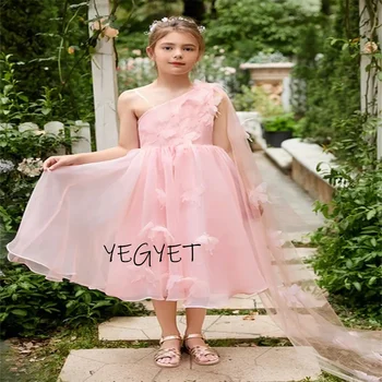 Элегантное розовое платье с цветочным узором на одно плечо для торжественного случая, свадьбы, Дня рождения, Первого Причастия, Театрализованной вечеринки. Изображение