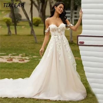 Элегантное свадебное платье TIXLEAR в виде сердечка с открытыми плечами, без рукавов, с аппликацией, свадебное платье из тюля, длина до пола, Vestidos De Novia Изображение