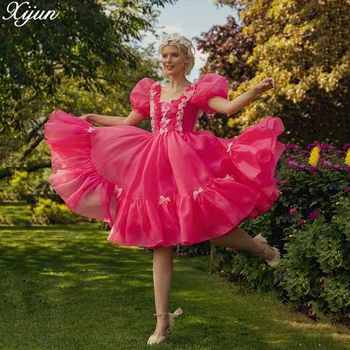 Ярко-розовое вечернее платье Xijun Pretty Princess С оборками чайной длины, платья для выпускного вечера Для женщин, платья для официальных мероприятий Vestidos De Fiesta Изображение